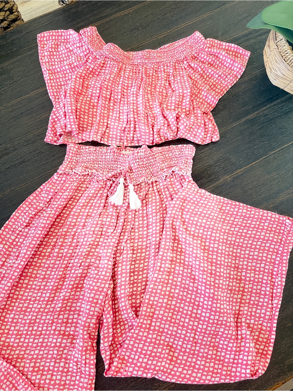 Pink Printed Smocked Two-Piece Jumpsuit Set